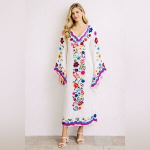 Handcrafted White Embroidered Floral Boho
Maxi Dress Bell Sleeves